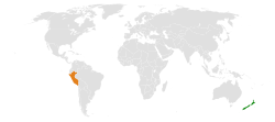 Map indicating locations of New Zealand and Peru