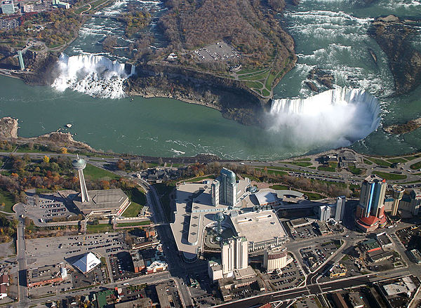 Aerial view of Niagara Falls, with the American Falls at left and the Canadian Horseshoe Falls on the right