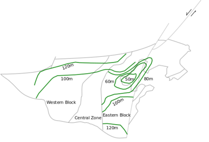 The green lines on this lithospheric thickness map are lithospheric depth contour lines, meaning that the lithosphere is of the depth specified in that position. A zone in the Eastern Block has especially thinned lithosphere. Modified from Windley, 2010, North China phanerozoic thickness.png