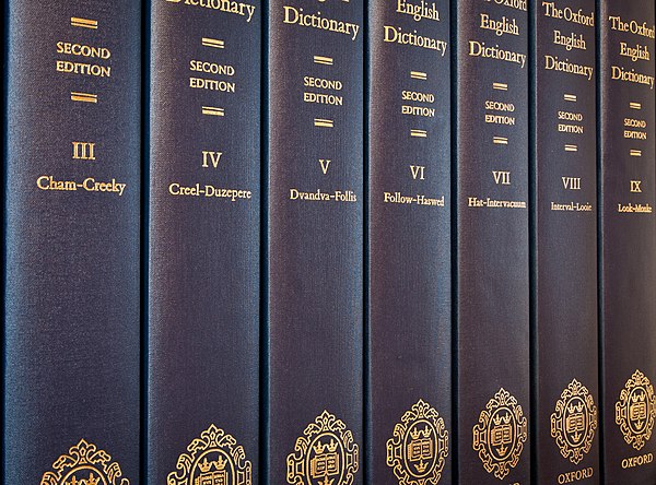 Seven of the twenty volumes of the Oxford English Dictionary (second edition, 1989)