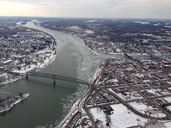 Aerial view of the Ohio and Muskingum Rivers at Marietta, Ohio