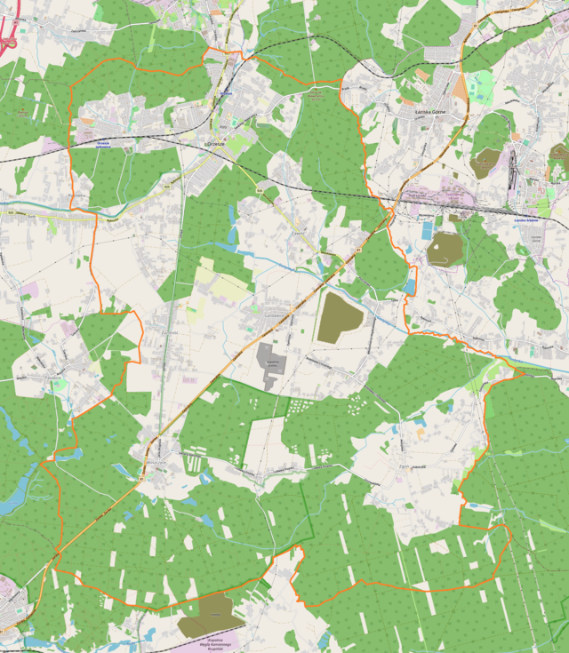 Mapa konturowa Orzesza, u góry po lewej znajduje się punkt z opisem „Kościół Narodzenia świętego Jana Chrzciciela w Orzeszu”