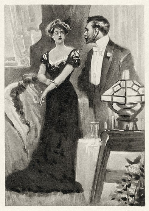 Lord Goring confronts Mrs Cheveley. From a 1901 collected edition of Wilde's work