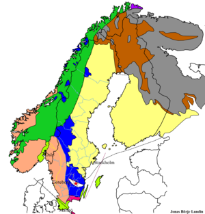 Geological map of the Scandinavian Peninsula and Fennoscandia: the Svecofennian orogen is shown in yellow. The blue areas to the west are the Transscandinavian Igneous Belt. The nappes emplaced by the much younger Caledonian orogeny are shown in light green. Overview Baltic shield.tiff