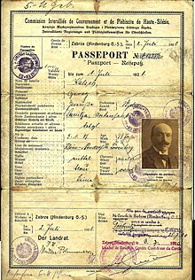 1920 special passport issued to those living in the region during the Upper Silesian plebiscite. Passport Upper Silesia plebiscite.jpg