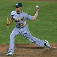 Pat Venditte pitching left-handed for the Oakland Athletics in 2015. Pat Venditte on August 17, 2015.jpg