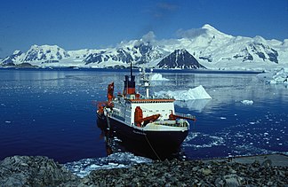 View from the anchorage at Rothera Station with the German research vessel Polarstern to the south over Ryder Bay to the Princess Royal Range