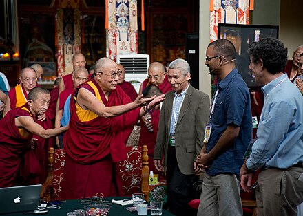 Rajesh Kasturirangan with the 14th Dalai Lama, Geshe Thupten Jinpa and Richard Davidson at Mind and Life Institute XXVI conference, 2013