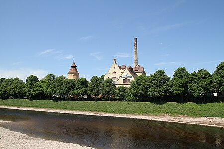 Rastatter Wasserturm, Brauerei C. Franz und die Murg (Nordschwarzwald)