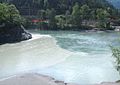 Zusammenfluss Hinterrhein (rechts) und Vorderrhein (links) bei Reichenau GR