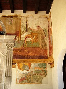 Affresco convento di S. Antonio raffigurante la metafora di S. Francesco che decapita il Vescovo, rappresentante della Chiesa corrotta a quel tempo