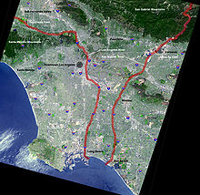 Los Angeles River, highlighted in red (on the left). The San Gabriel River is highlighted in red on the right. Riverslosangeles.jpg