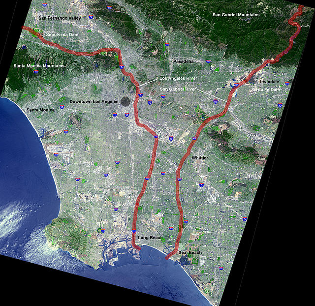 Los Angeles River, highlighted in red (on the left). The San Gabriel River is highlighted in red on the right.