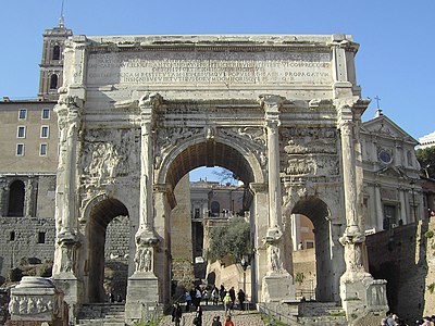 The Arch of Septimius Severus in Rome, built in 203–205 AD to commemorate the Parthian victories of Emperor Septimius Severus and his two sons, Caracalla and Geta