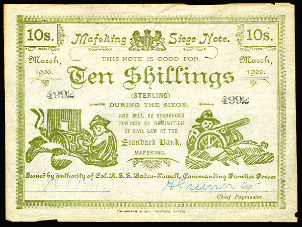 Siege of Mafeking, 10 shillings (1900), Second Boer War currency issued by authority of Colonel Robert Baden-Powell