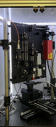 Typical SRAS instrument, the sample is raster scanned to build up a multi-megapixel image of the SAW velocity. SRAS system.jpg