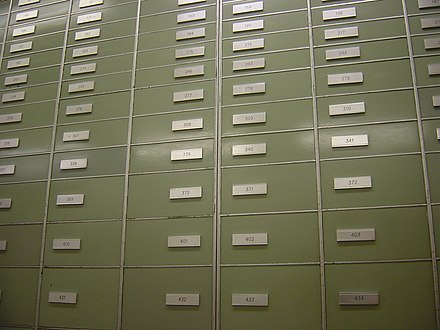 Safe deposit boxes inside a Swiss bank.