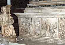 Dettaglio della stele di Alfonso Lombardi (1532): prime tre scene della vita di Domenico