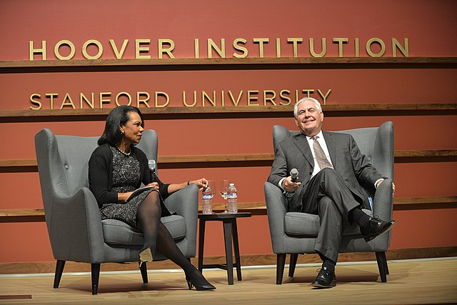 Former Secretaries of State Condoleezza Rice and Rex Tillerson during a Hoover forum in January 2018