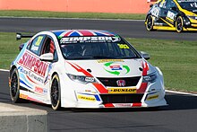 Simpson driving the Simpson Racing Honda Civic at Silverstone during the 2018 British Touring Car Championship season. Simpson at Silverstone (31043891198).jpg