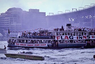 Competing in the inaugural Great Ferry Boat Race in her Public Transport Commission colours, 1980