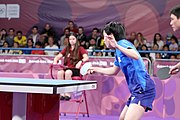 Deutsch: Tischtennis bei den Olympischen Jugendspielen 2018; Tag 9, 15. Oktober 2018; Mixed, Finale, Mixed-Doppel – Miu Hirano & Tomokazu Harimoto (JPN) gegen Sun Yingsha & Wang Chuqin (CHN) 1:3 English: Table tennis at the 2018 Summer Youth Olympics at 15 October 2018 – Mixed Final, Mixed-Double – Miu Hirano & Tomokazu Harimoto (JPN) Vs Sun Yingsha & Wang Chuqin (CHN) 1:3