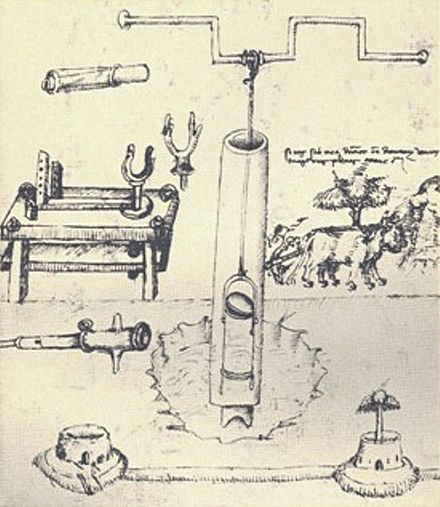 First European depiction of a piston pump, by Taccola, c. 1450.[36]