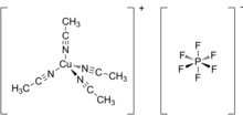 [Cu(MeCN)4] , often encountered as its PF6 salt, is a common transition metal nitrile complex. Tetrakis(acetonitrile)copper(I) hexafluorophosphate.png