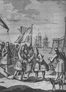 The Old Pretender lands in Scotland after Sheriffmuir. An 18th-century engraving. The Old Pretender lands in Scotland, 1715.jpg