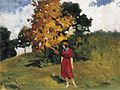 Girl in Red Dress with Autumn Landscape of Nagybánya