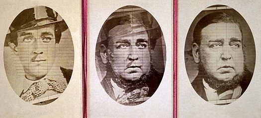 The blended image (centre) was said by the Claimant's supporters to prove that Roger Tichborne (left, in 1853) and the Claimant (right, in 1874) were one and the same person. TichborneTryptich.jpg