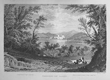 Laacher See mit Benediktinerabtei Maria Laach um 1832, Stich nach Tombleson