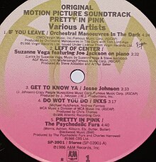 Track list printed on the Pretty in Pink soundtrack album, listing five songs by various artists. Track list detail on A&M Records 12-inch LP (Side 1).jpg