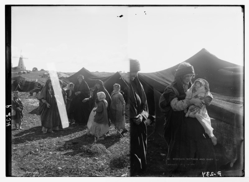 File:Trans-Jordan types. Bedouin mother and swaddled baby ; (Bedouin women and children in front of tent; windmill in background). LOC matpc.05982.tif