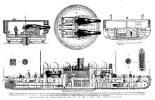 Transverse and longitudinal sections, 1871 engraving Transverse and longitudinal sections of the turret ship Cerberus - Illustrated Australian News (1871).jpg