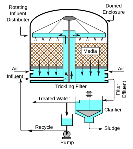 A typical complete trickling filter system Trickle Filter.svg