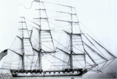 A black and white drawing of a ship's sails. The ship has 3 masts in which all sails are set and full of wind. The bow of the ship is pointed to right of the frame.