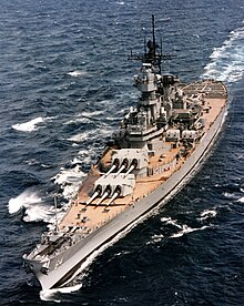 USS Wisconsin, photographed at sea in her 1980s configuration. USS Wisconsin (BB-64) underway at sea, circa 1988-1991 (NH 97206-KN).jpg