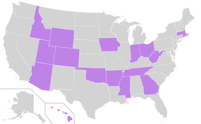 States (highlighted in purple) whose capital city is also their most populous