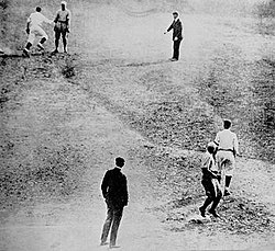 Bill Wambsganss (top left, in white) completes his unassisted triple play in Game 5 of the 1920 World Series. This marks the only time any triple play has been executed in the postseason. Wamby19201010UATP.JPG