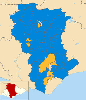 Map of the results of the 2003 Wealden council election. Conservatives in blue, Liberal Democrats in yellow and independents in grey. Wealden UK local election 2003 map.svg