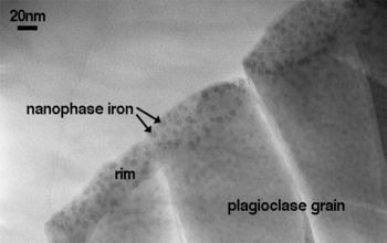 TEM image of space weathered rim on a grain of lunar soil 10084 Weatheredrim.jpg