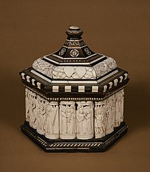 Embriachi workshop, "Bridal Casket with Scenes from the Life of Paris", c. 1430. Carved bone plaques, and certosina inlays. Workshop of the Embriachi family - Bridal Casket with Scenes from the Life of Paris - Walters 71242.jpg