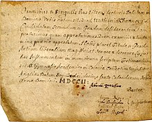 First diploma awarded by Yale College, granted to Nathaniel Chauncey in 1702 Yale College diploma Nathaniel Chauncey 1702.jpg
