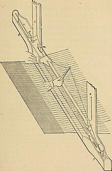 Holding the reed beater bar in the left hand and the (stick-mounted) string tugged to return the flying shuttle in the right hand. See video below. Yarn and cloth making; an economic study; a college and normal schools text preliminary to fabric study, and a reference for teachers of industrial history and art in secondary and elementary schools (14598368328).jpg