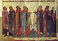 Молящиеся новгородцы (предположительно бояре Кузьмины), фрагмент иконы «Деисус», около 1467 г. На мужчинах — опашни (или плащи-епанчи) поверх свит/полукафтанов[17][33][34].
