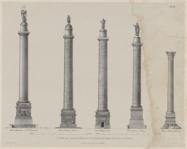 19th-century comparison between the Alexander Column, the Column of the Grande Armée, Trajan's Column, the Column of Marcus Aurelius, and "Pompey's Pi