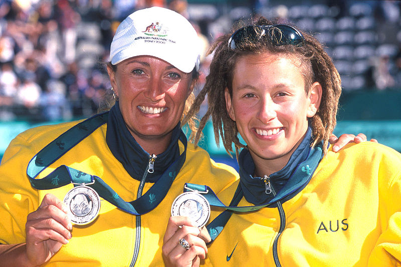 File:141100 - Wheelchair tennis Daniela Di Toro Branka Pupovac gold medals - 3b - 2000 Sydney medal photo.jpg