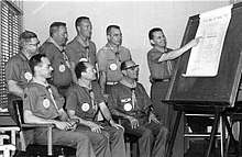 1962 Wood Badge staff meeting on the Monterey Peninsula. Front row, L-R Joe McConnell, Alex Szaszy, Tiz Urbani, Bela Banathy; Back row, L-R Joe St. Clair, William "Bill" Sutcliffe, Bob Bowman, Tom Moore. Flipchart says: "What are we here for? Create, Think, Help, Learn, BECOME" 1962-wood-badge-monterey.jpg