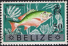1973 stamp with "Belize" overprint 1973 Belize 50 cent stamp.jpg